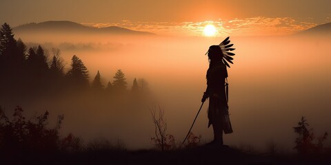 AI Generated. AI Generative. Native american indian western chief apache warrior in the fog mist cinematic shot. Graphic Art