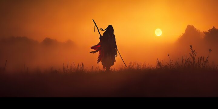 AI Generated. AI Generative. Native american indian western chief apache warrior in the fog mist cinematic shot. Graphic Art