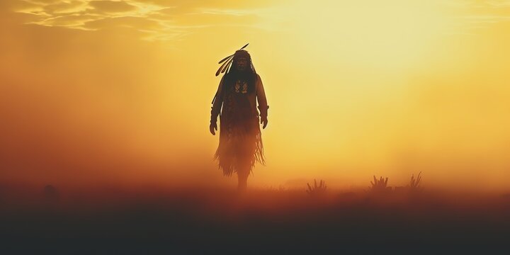 AI Generated. AI Generative. Native american indian western chief apache warrior in the fog mist cinematic shot. Graphic Art