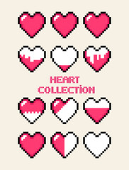 A set of pixel hearts. Vector illustration in a flat style.