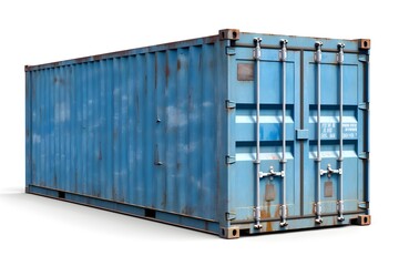 Blue old grunge metal cargo shipping container isolated on white background, AI generated