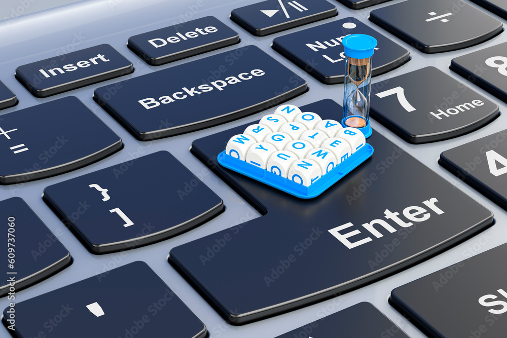 Poster boggle board game on laptop keyboard. 3d rendering