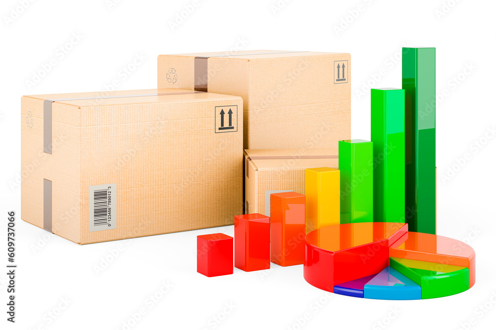 Poster shipping and logistics concept. three parcels with growth bar graph and pie chart, 3d rendering