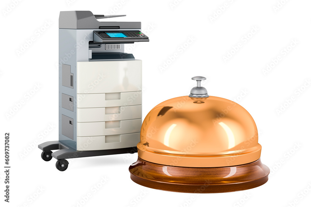 Poster office multifunction printer mfp with reception bell. 3d rendering