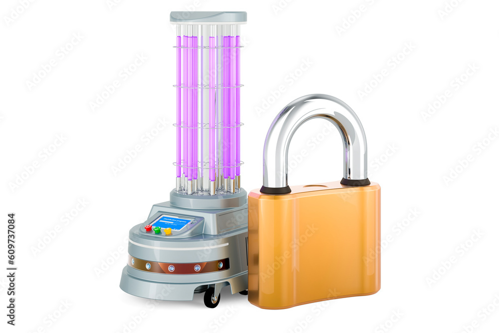 Poster uv-disinfection robot with padlock. 3d rendering