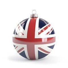 Christmas toy ball in colors of Great Britain flag, isolated on white background, AI generated