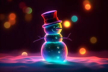 Glowing neon colorful snowman, christmas abstract background, AI generated