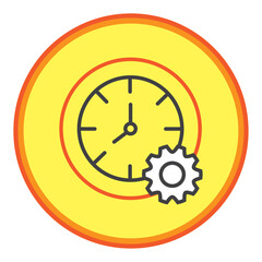 vector icon of clock with gear with yellow background and orange lines