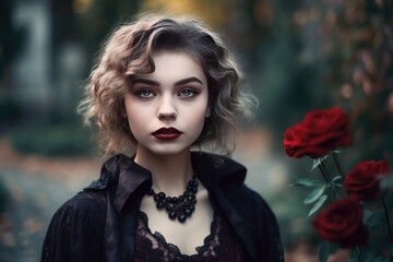 Fototapeta na wymiar A gothic girl is posing with red roses. Generative AI.