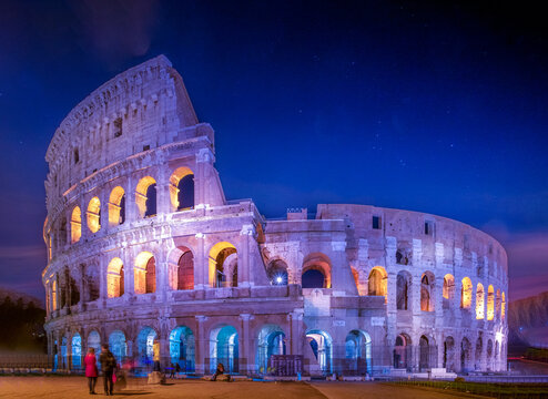 Colosseum at night during the blue hour, wide angle and long exposure, Rome, Italy