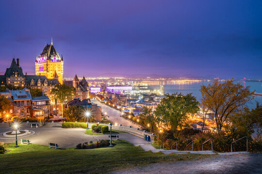 Quebec, City, Quebec, Canada: Fairmont Le Chateau Frontenac castle at sunset, scenic view from Pierre-Dugua-DE-Mons Terrace 