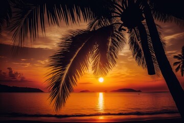 The silhouette of a palm tree Beautiful sunset on a tropical sea beach background for holiday leisure time,. Generative AI