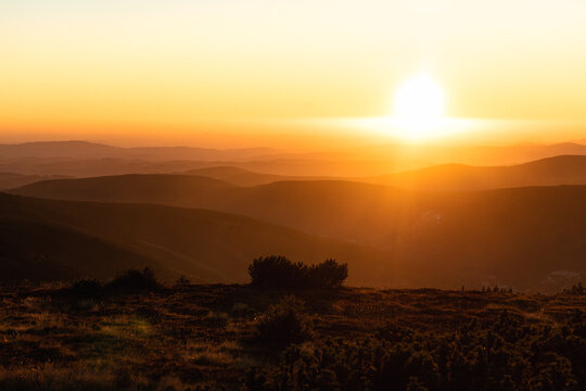 Beautiful nature landscape during sunset, sunrise, Europe, Czech Republic, mountains, hills, Krkonose, wide landcape