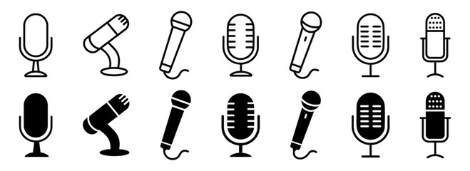 Microphone icon set. Linear, silhouette style.
