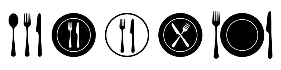 Fork, knife and plate icons set. Logotype tableware. Vector illustration. - obrazy, fototapety, plakaty