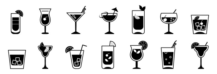 Cocktails icon set. Drinks black icons. Vector illustration.