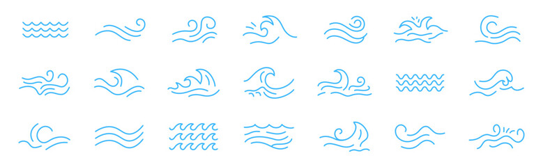 Water wave icon. Blue line style. Vector set.