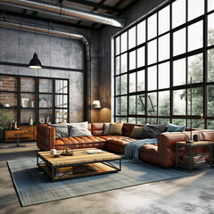 Living room interior in loft, industrial style,
