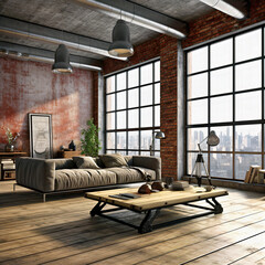 Living room interior in loft, industrial style,