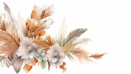 Fototapeta na wymiar Watercolor boho floral border. Pampas grass corner frame. Palm leaves, dry flower, roses in neutral colors. Hand painted illustration isolated on transparent background