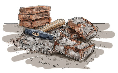 cleaning old handmade bricks sketch