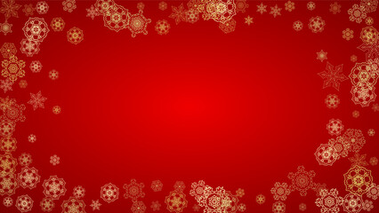 Christmas snowflakes on red background. Horizontal glitter frame for winter banner, gift coupon, voucher, ads, party event. Santa Claus color with golden Christmas snowflakes. Falling snow for holiday