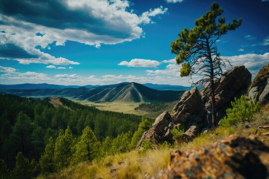 The sky and the beautiful hills. Shoria mountain landscapes. Russia, Kemerovo area, Kuzbass. Generative AI