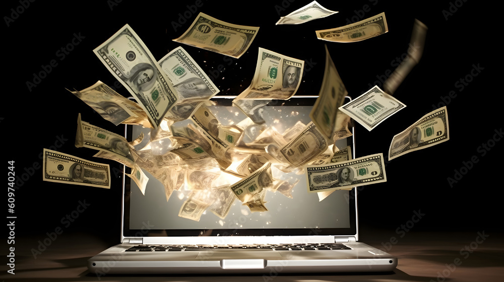 Wall mural notebook exploding money, dollar coming out of computer screen, generative ai