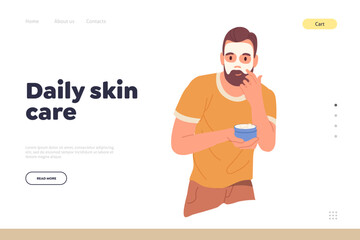 Daily skin care landing page template with cartoon man character applying facial cosmetic mask