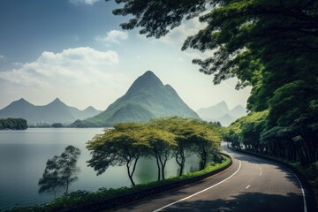 Fototapeta premium Natural view of an asphalt road and a mountain with a lake in Hangzhou, China. Generative AI