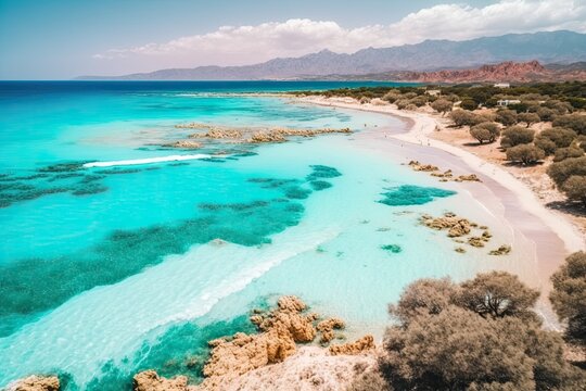 View from above of Elafonissi beach in Crete, Greece. Generative AI