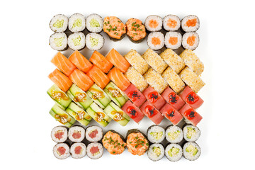 set of rolls with salmon shrimp avocado on white background for online food delivery website 3