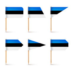 Realistic various Estonian toothpick flags. Souvenir from Estonia. Wooden toothpicks with paper flag. Location mark, map pointer. Blank mockup for advertising and promotions. Vector illustration