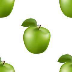 Patrón cuadrado de manzana verde con una hoja sobre fondo blanco. 