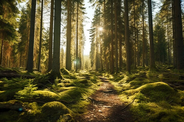 scandinavian forest with many trees, lots of green moss and sunshine made with Generative AI