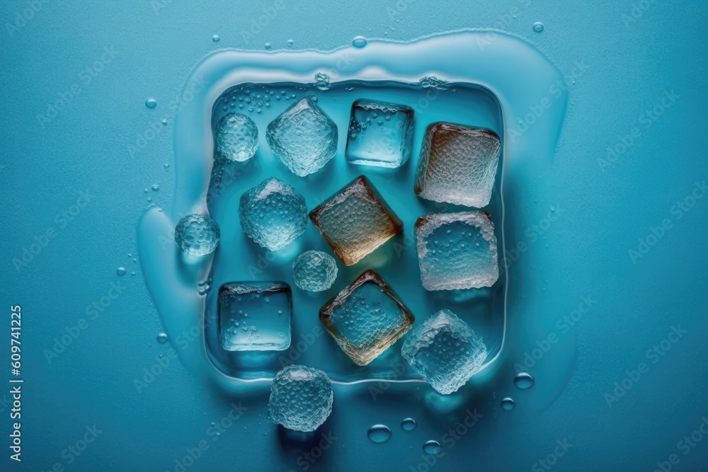 Poster top view of ice cubes with water drips distributed over a blue backdrop. generative ai
