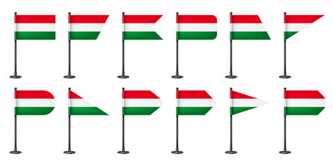 Realistic various Hungarian table flags on a black steel pole. Souvenir from Hungary. Desk flag made of paper or fabric, shiny metal stand. Mockup for promotion and advertising. Vector illustration