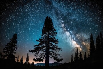 In the foreground, the Milky Way rises over the pine trees. Generative AI