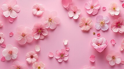 Top view image of pink flowers composition over pink