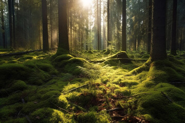 Fototapeta premium scandinavian forest with many trees, lots of green moss and sunshine made with Generative AI