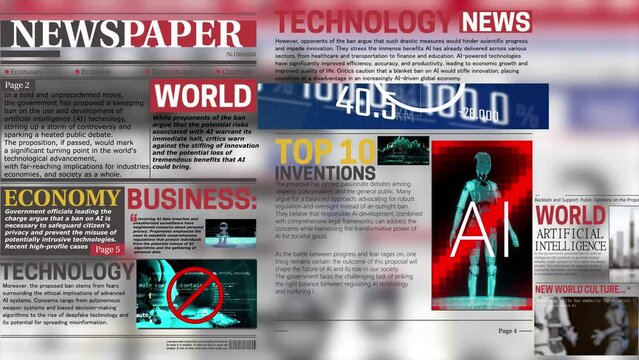 newspaper animation with artificial intelligence theme. Website page or newsletter information arround world about ai take human job and people are woried