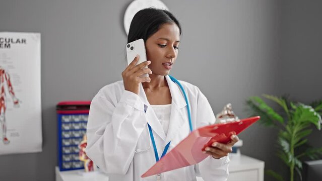 African american woman doctor reading document on clipboard talking on smartphone at clinic