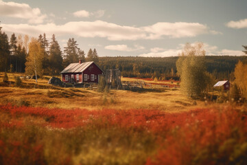 stunning scandinavian landscape with a red house and sunshine made with Generative AI