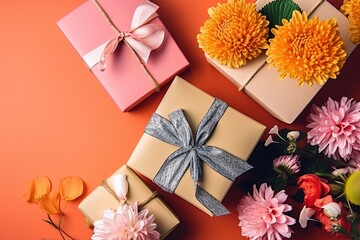 Flowers and gift boxes on a orange background. Flat lay, top view. Birthday, event, holiday, valentine's day presents. Generative AI.