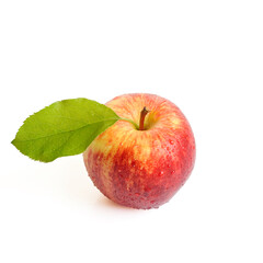 Red apple with a green leaf. Isolated on white background