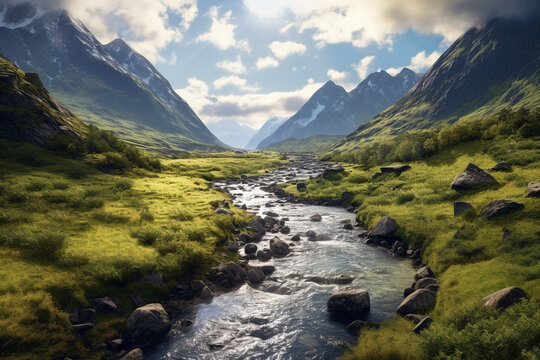 stunning scandinavian landscape with mountains, many pine trees and sunrise made with Generative AI
