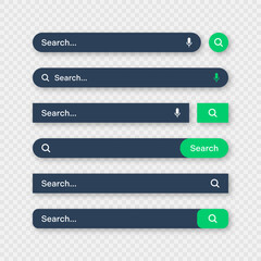 Obraz premium Various search bar templates, dark mode. Internet browser engine with search box, address bar and text field. UI design, website interface element with web icons and push button. Vector illustration