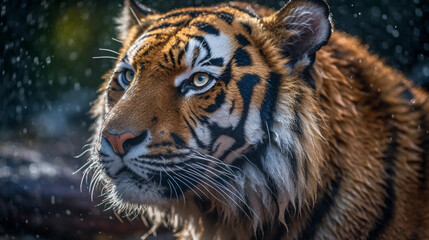 Naklejka premium The majestic tiger strides through the verdant landscape, its vibrant orange coat contrasting with the lush greenery. Its powerful frame exudes a sense of untamed strength, every sinew and muscle defi