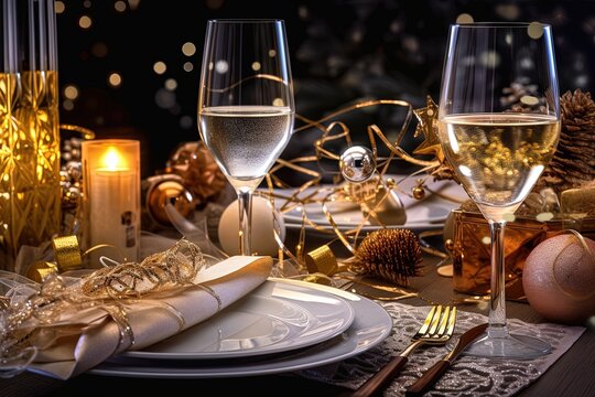 Festive Christmas table setting. Glasses of champagne, cutlery, candles and Christmas decorations on black background. Generative AI.