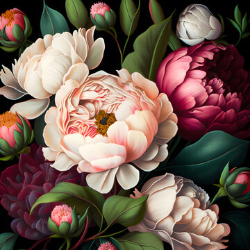 Realistic fantastic vintage large flowers background created with Generative AI technology